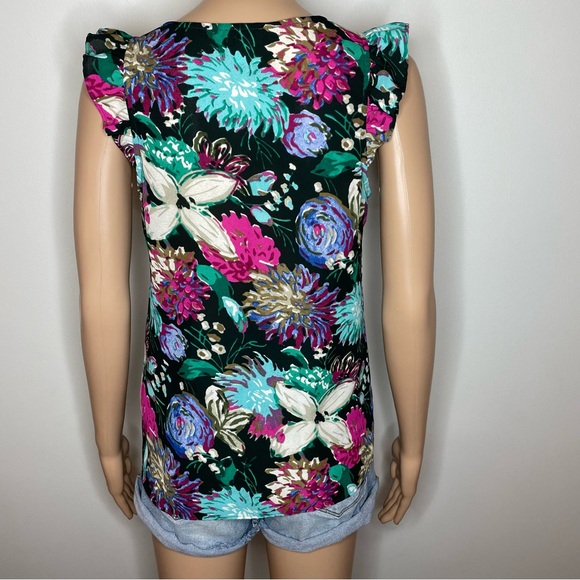 Vintage J. Crew Black Floral Print V-Neck Flutter Sleeve Tank Top Blouse - Picture 3 of 9